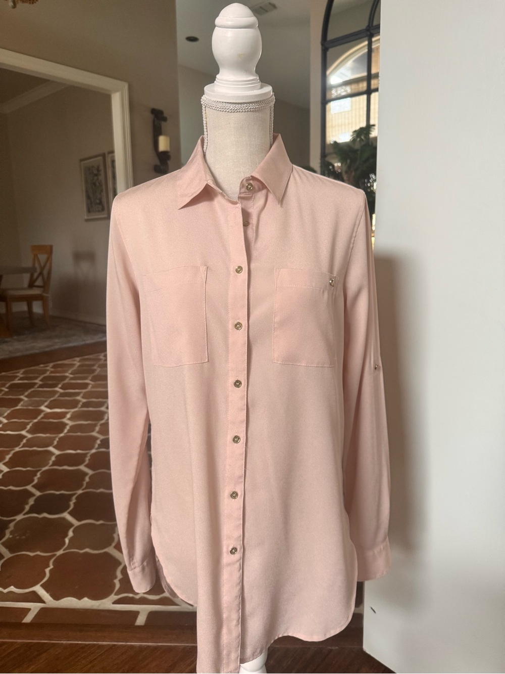 Calvin Klein Pale Pink Long-Sleeve Button Shirt Tunic - Size Small